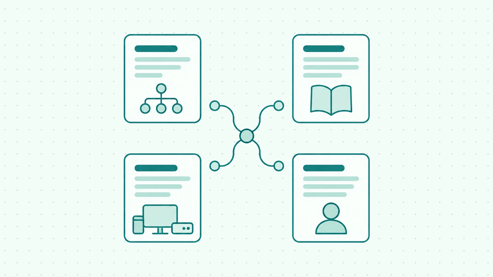 Illustration of IT Glue alternatives small business teams can evaluate, represented by system, knowledge, device and owner icons.