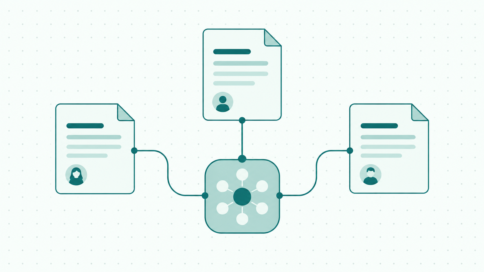 Teal illustration of three IT documentation records with owner icons connected to a central system.